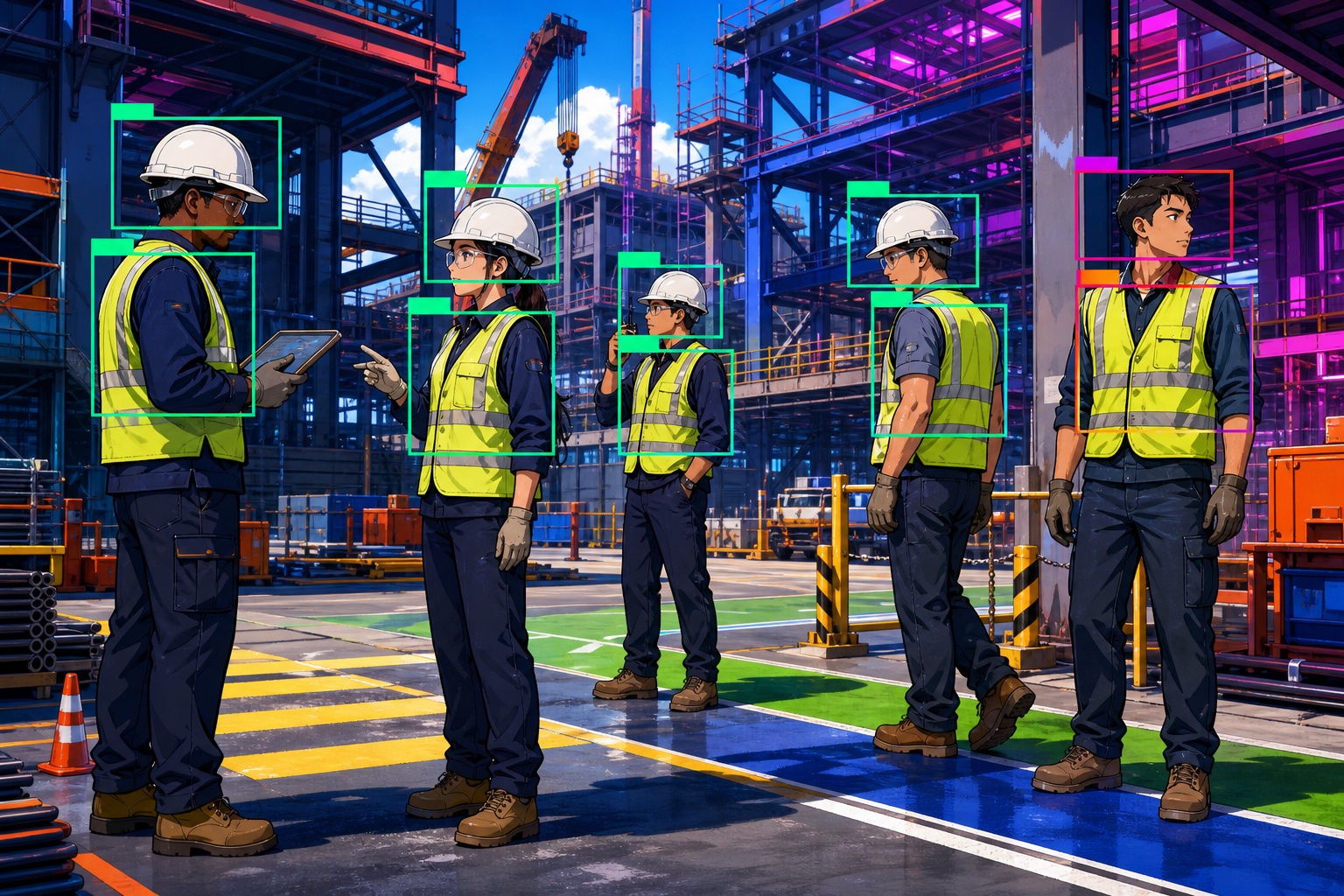 Personal industrial con detección visual de casco y chaleco de seguridad